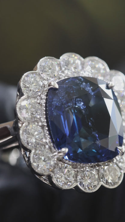 Sapphire & Diamond Halo Ring in White Gold | 6.73 CT Sapphire + 1.77 CTW Diamonds