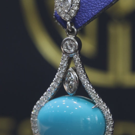 14K white gold tourmaline diamond halo drop earrings with pavé diamond frame and blue cabochon tourmaline center