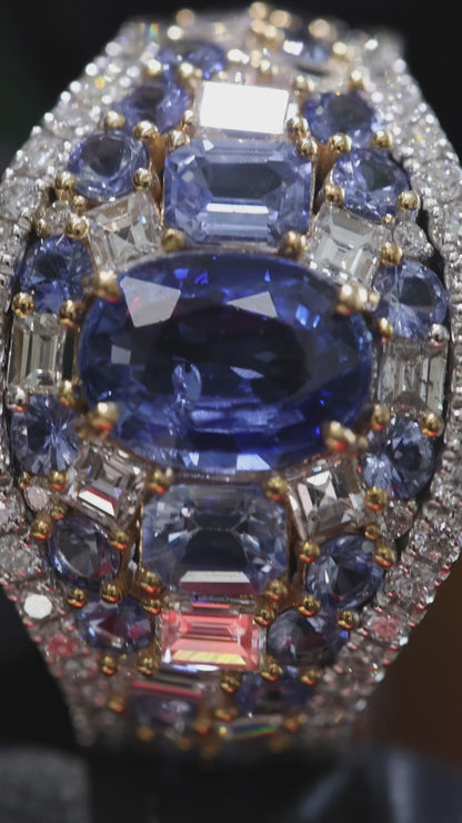 Dome Blue Sapphire Diamond Cluster Ring 14k White Gold | 3.24 CTW