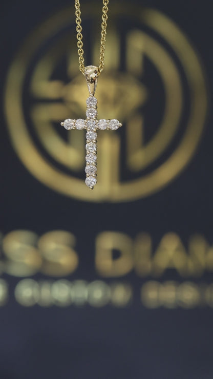 Natural Diamond Cross Pendant Necklace in 14K Yellow Gold | Round Brilliant Prong-Set Design