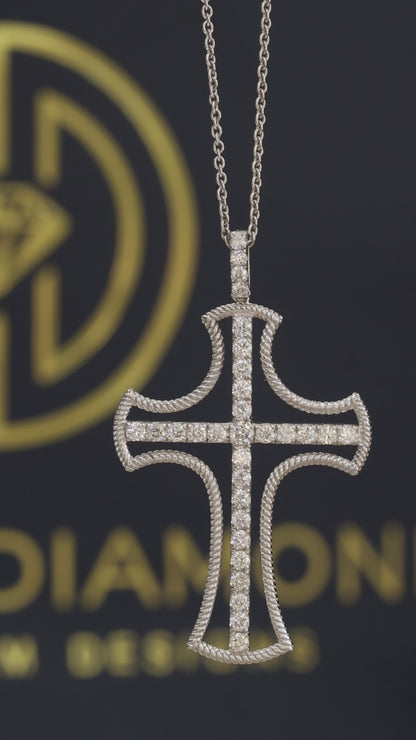 Natural Diamond Rope Cross Necklace in White Gold | Pavé Cross Pendant
