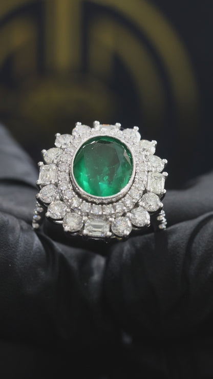 Oval Emerald Halo Ring in White Gold | Diamond Accents & Classic Double Halo Design