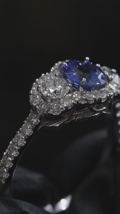 Sapphire & Diamond Halo Ring in White Gold | .92 CT Sapphire + .89 CTW Diamonds