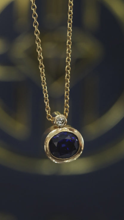Natural Blue Sapphire Bezel Pendant Necklace with Diamond Accent in 14K Yellow Gold | Modern Minimalist Design
