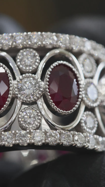 Grand Oval Ruby Diamond Band in White Gold | Milgrain Bezels & Pavé Diamond Rows