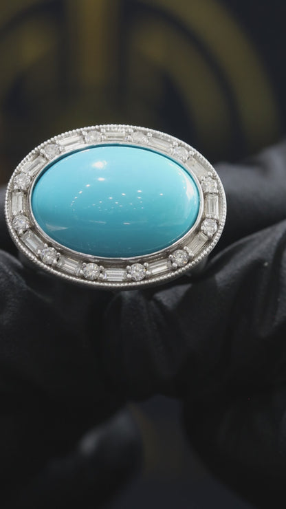 Grand Oval Turquoise Halo Ring in White Gold | Baguette Diamond Accents & Sculpted Diamond Shank