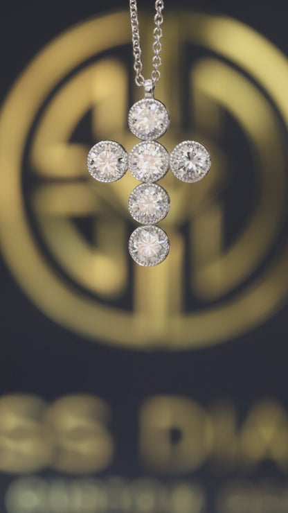 Natural Round Diamond Cross Necklace in 14K White Gold | Bezel Halo Cluster Design