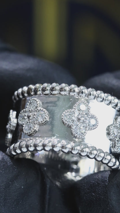 Floral Motif Beaded Diamond Cigar Band in 14K White Gold | 0.78 CTW Wide Statement Ring