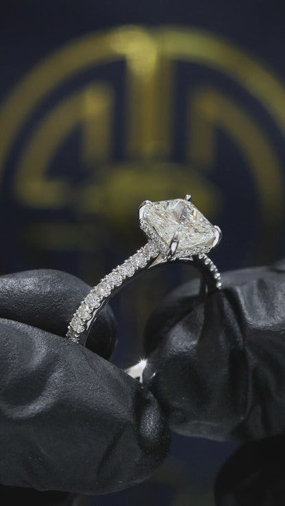 GIA Certified Natural Cushion Diamond Engagement Ring in White Gold | Pavé Solitaire Design