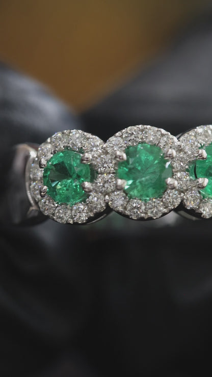 Emerald & Diamond Halo Band in White Gold | Round Emeralds & Brilliant Diamond Accents