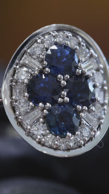 Sapphire & Diamond Halo Cluster Ring in 14K White Gold | 1.50 CT TW