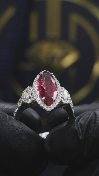 Imperial Marquise Rubellite Ring in White Gold | Diamond Halo & Accent Shoulders