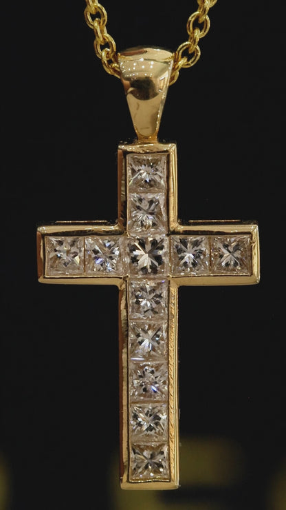 Natural Princess Cut Diamond Cross Necklace in 14K Yellow Gold | Channel Set Design