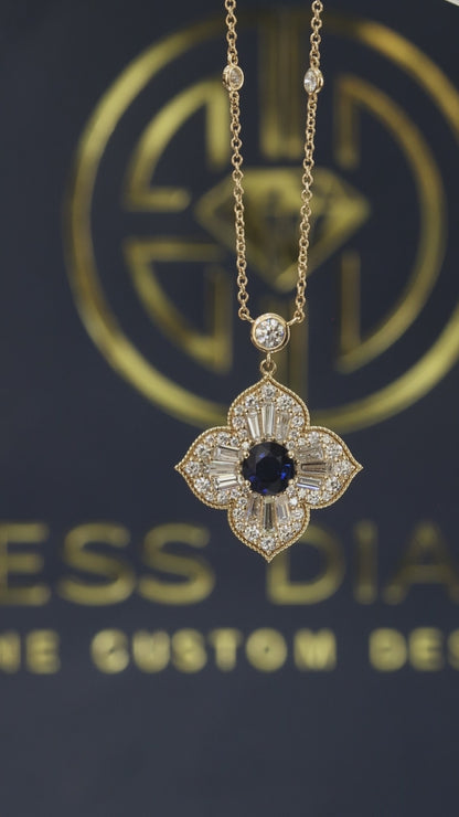 Natural Sapphire & Diamond Floral Cluster Pendant Necklace in 14K Yellow Gold | 1.74 CT Diamond Halo Design