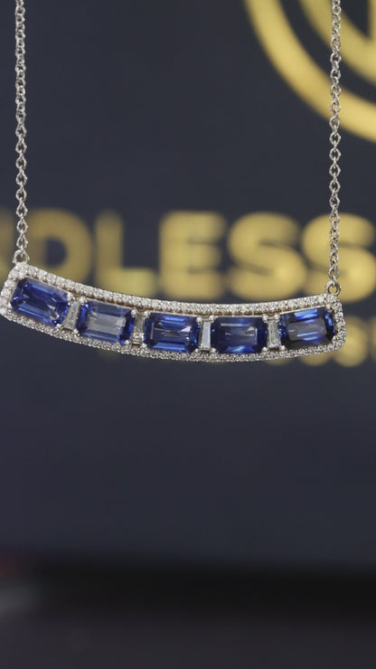Natural Emerald-Cut Sapphire & Diamond Bar Pendant Necklace in 14K White Gold | Sapphire & Diamond Halo