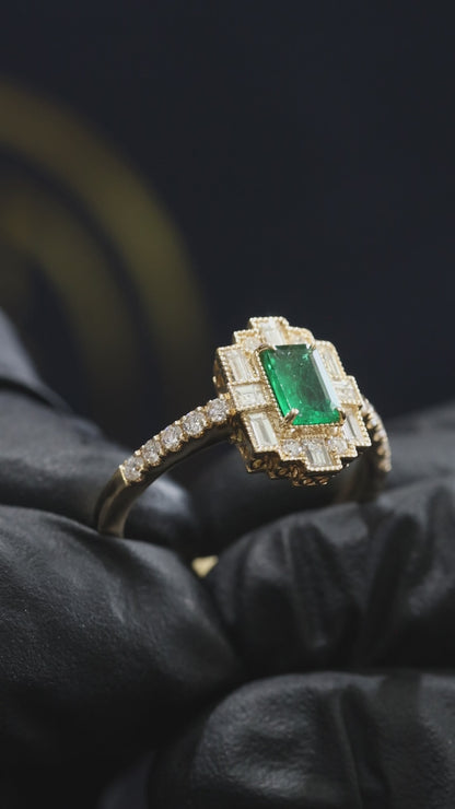 Emerald-Cut Emerald Halo Ring in Yellow Gold | Diamond Accents & Art Deco Frame