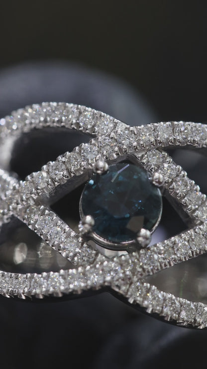 Sapphire & Diamond Crisscross Ring in White Gold | .55 CT Sapphire + .80 CTW Diamonds