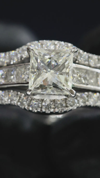 GIA Certified Natural Princess Cut Diamond Engagement Ring with Double Pavé Band in White Gold | Elegant Split Shank Design