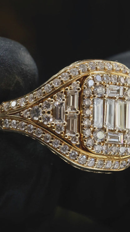Natural Diamond Baguette & Round Cluster Halo Ring in Yellow Gold | Bold Vintage Statement Design