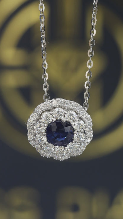 Natural Round Sapphire & Diamond Halo Pendant Necklace in 14K White Gold | Classic Double Halo Design