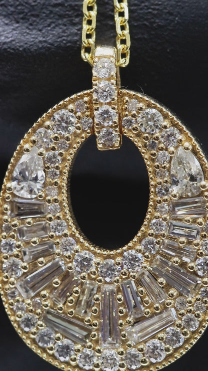 Natural Diamond Open Oval Pendant Necklace in Yellow Gold | Baguette Halo Design