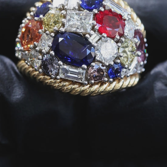 Multi Sapphire & Fancy Color Diamond Dome Ring 14K Houston Jeweler Lab-Grown 