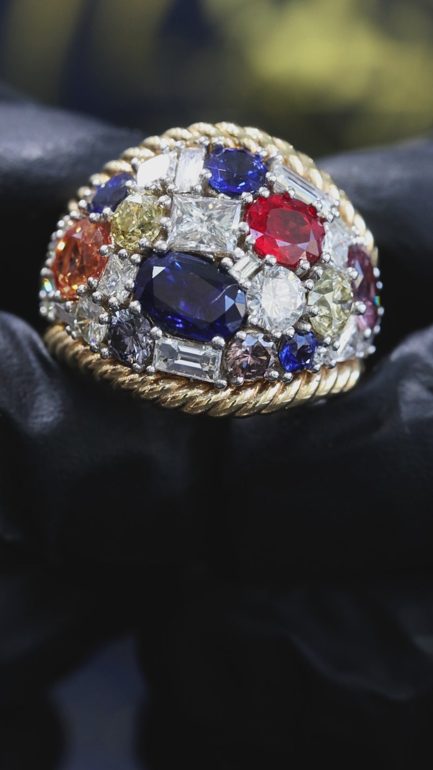 Multi Sapphire & Fancy Color Diamond Dome Ring 14K Houston Jeweler Lab-Grown 