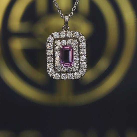 14K white gold sapphire halo pendant necklace with 0.30 carat emerald cut sapphire and 0.36 carat pavé diamond double frame design