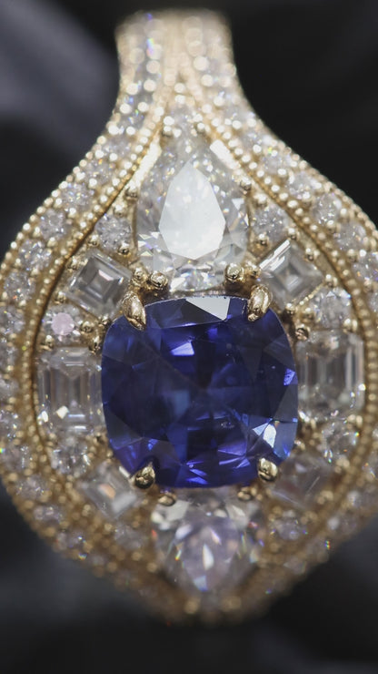 Sapphire & Diamond Halo Ring in Yellow Gold | .95 CT Sapphire + 1.47 CTW Diamonds
