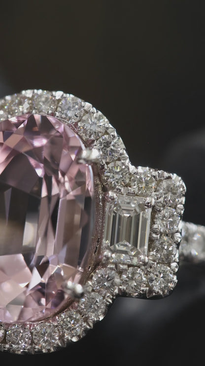 Grand Oval Morganite Halo Ring in White Gold | Baguette Diamond Accents & Classic Scalloped Halo
