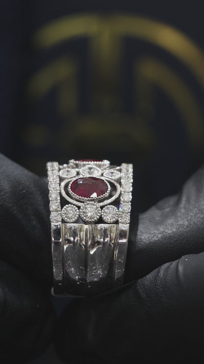 Grand Oval Ruby Diamond Band in White Gold | Milgrain Bezels & Pavé Diamond Rows