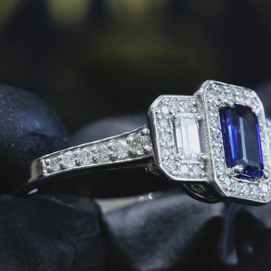 Natural Sapphire Double Halo Diamond Ring 14K White Gold | 0.90 CT Houston jeweler 