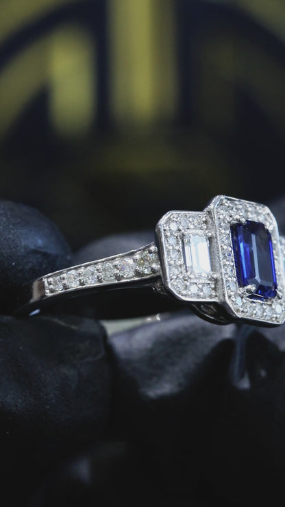 Natural Sapphire Double Halo Diamond Ring 14K White Gold | 0.90 CT Houston jeweler 