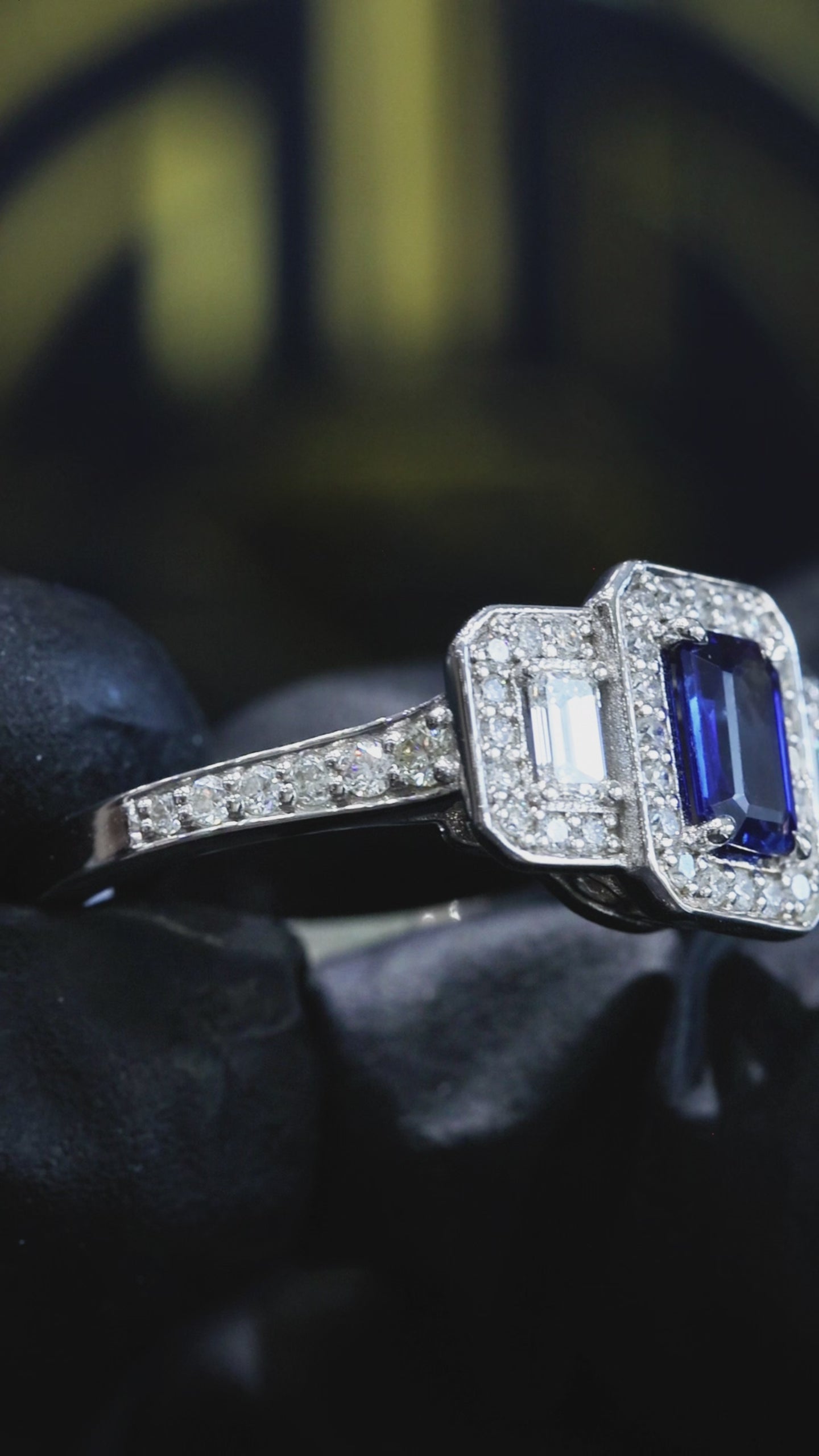 Natural Sapphire Double Halo Diamond Ring 14K White Gold | 0.90 CT Houston jeweler 