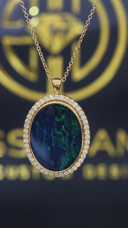 14K yellow gold oval black opal halo pendant with 0.42 carat G-H SI diamond pavé setting