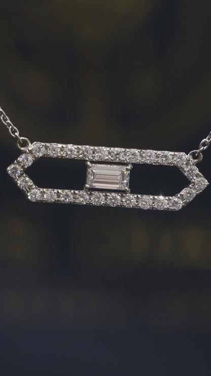 Natural Diamond Geometric Bar Pendant Necklace In White Gold | Emerald-Cut Center Design