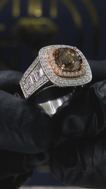 GIA Certified Natural Cognac Diamond Halo Engagement Ring with Two-Tone Pavé Band in White & Rose Gold | Luxury Vintage-Inspired Design