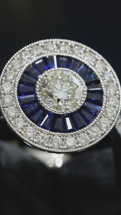 GIA Certified Natural Round Diamond Engagement Ring with Sapphire Halo in White Gold | Vintage Halo Design