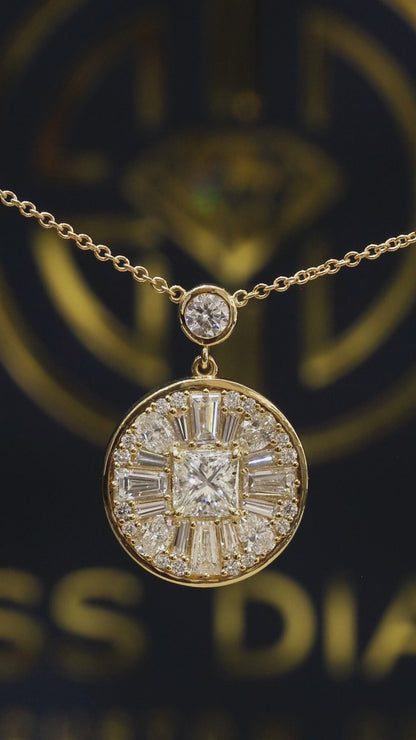 Natural Diamond Round Halo Pendant Necklace in Yellow Gold | Princess-Cut Center