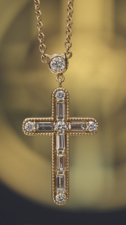 Natural Diamond Cross Pendant Necklace in 14K Yellow Gold | Round & Baguette Diamond Design