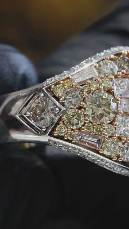 Natural Fancy Yellow Diamond Dome Ring with Mixed-Cut Mosaic in Two-Tone Gold | Bold Statement Design