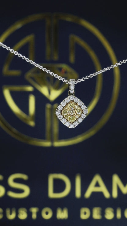 Natural Light Yellow Diamond Cushion Halo Necklace in White Gold | Vintage Floral Design