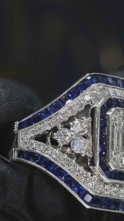 Natural Emerald Cut Diamond & Blue Sapphire Halo Engagement Ring in White Gold | Art Deco Inspired Design