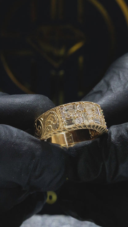 Natural Diamond Wide Band Mosaic Ring in Yellow Gold | Vintage-Inspired Statement Design