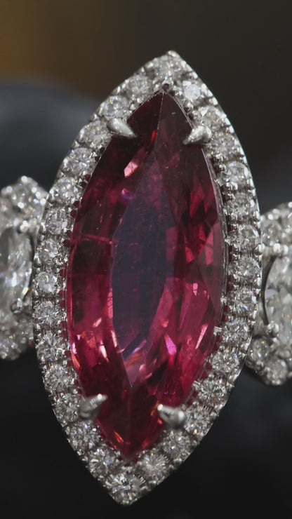 Imperial Marquise Rubellite Ring in White Gold | Diamond Halo & Accent Shoulders