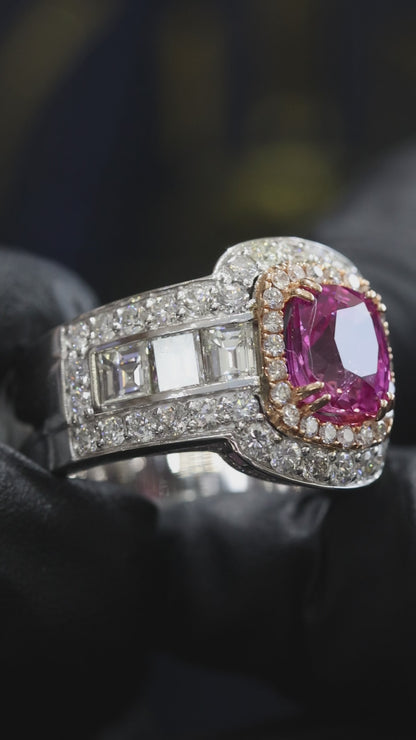 Imperial Cushion Pink Sapphire Ring in White Gold | Double Halo & Emerald-Cut Diamond Shoulders