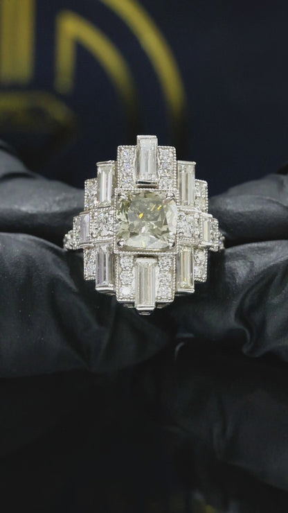 GIA Certified Natural Cushion Cut Diamond Engagement Ring with Baguette Halo in White Gold | Art Deco Statement Design