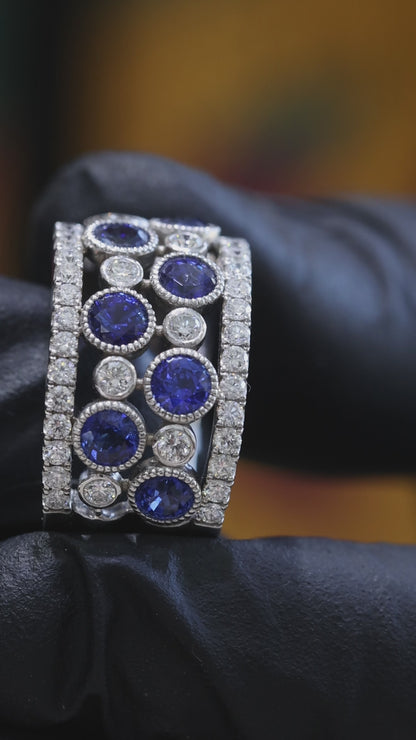 Blue Sapphire & Diamond Wide Band in White Gold | 3.55 CT