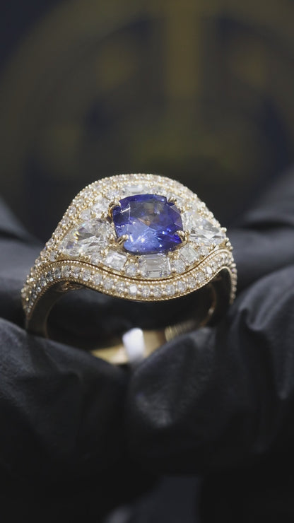Sapphire & Diamond Halo Ring in Yellow Gold | .95 CT Sapphire + 1.47 CTW Diamonds