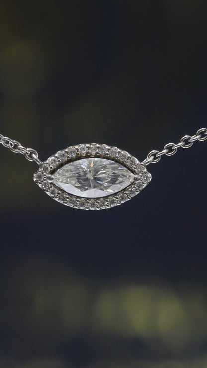 Natural Marquise Diamond Halo Necklace in White Gold | Floating Eye Design